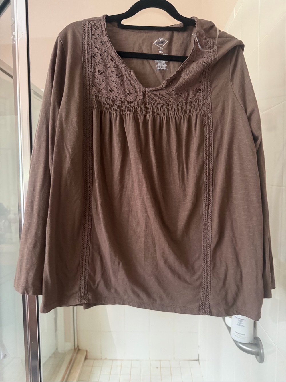 St. John's Bay Brown Long-Sleeve Peasant Top with Lace Yoke
